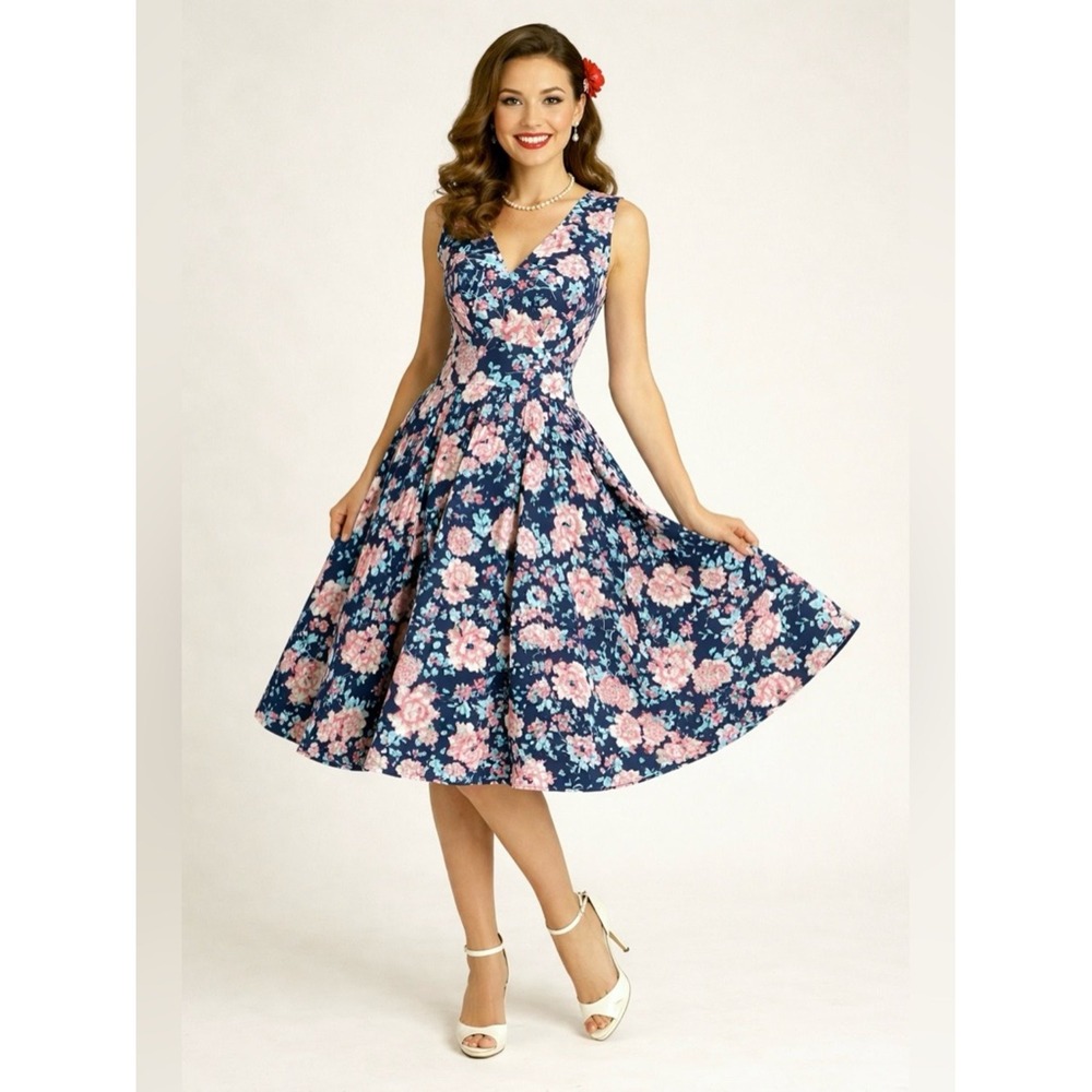 DIVA DOLLZ Fit & Flare Floral Cotton Dress M Retro Pinup Cottagecore Boho Navy - Picture 5 of 14